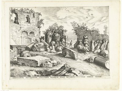 Tuin met brokstukken van antieke beelden door Johannes of Lucas van Doetechum (attributed to)