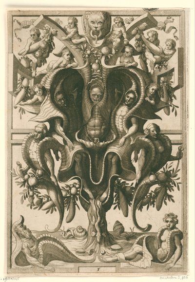 Schelpachtig ornament waarin figuren gevangen zitten door Johannes of Lucas van Doetechum