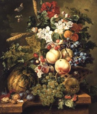 Fruit en bloemen op een marmeren rand door Johannes or Jacobus Linthorst