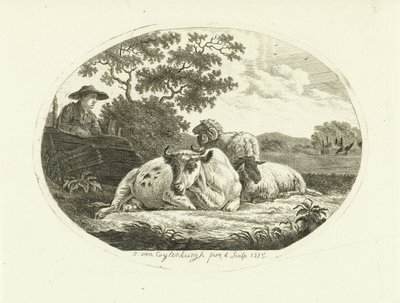 Koe, schaap en ram in weide en boer leunend op hek door Johannes van Cuylenburgh