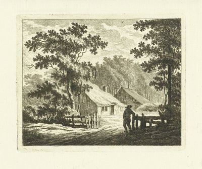 Landschap met boerderij en erf met hek door Johannes van Cuylenburgh