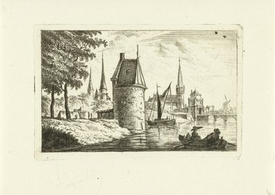 Stadsgezicht met toren aan rivier door Johannes van Cuylenburgh