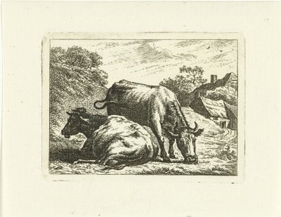 Twee koeien langs weg bij boerderij door Johannes van Cuylenburgh