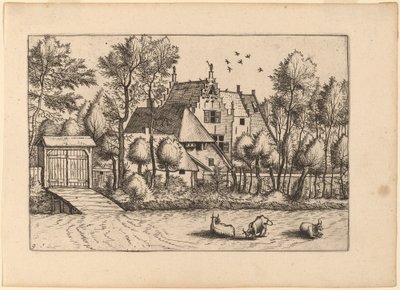Landhuis met een sloot door Johannes van Doetechum, the Elder and Lucas