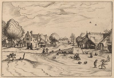 Dorp met Schapen en Zittende Herder door Johannes van Doetechum, the Elder and Lucas