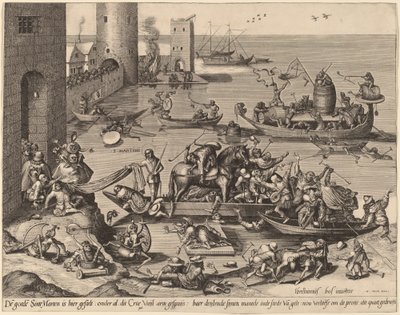 Sint Martin met zijn paard op een schip door Johannes van Doetechum, the Elder, and Lucas