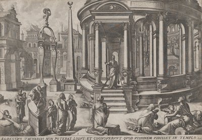Zacharias stapt uit de tempel, uit de serie Gebeurtenissen in en rond de tempel, ca. 1572 door Johannes and Lucas van Doetecum