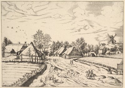 Dorp met postmolen uit Multifariarum casularum ruriumque lineamenta curios door Johannes van Doetecum I
