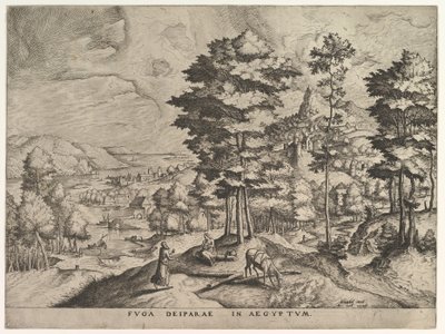 Vlucht naar Egypte Fuga deiparae in Aegyptum uit De Grote Landschappen, ca. 1555-56 door Johannes van Doetecum I