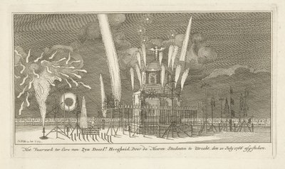 Vuurwerk bij een paviljoen door Johannes van Hiltrop