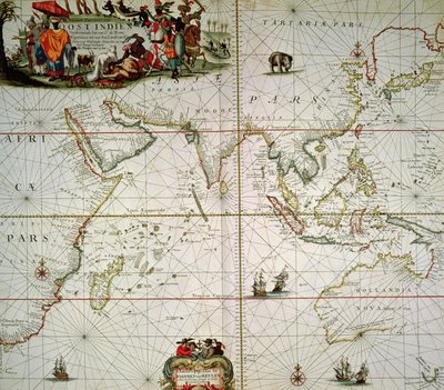 Kaart van Afrika, India, Indische Oceaan en Oost-Indië door Johannes van Keulen