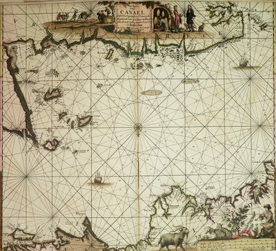Pas-kaart van het Kanaal, tussen Engeland en Frankrijk, van Pleymuyen tot aan de Sorlinges, alsmede van Portbimel tot aan Heyssant door Johannes van Keulen