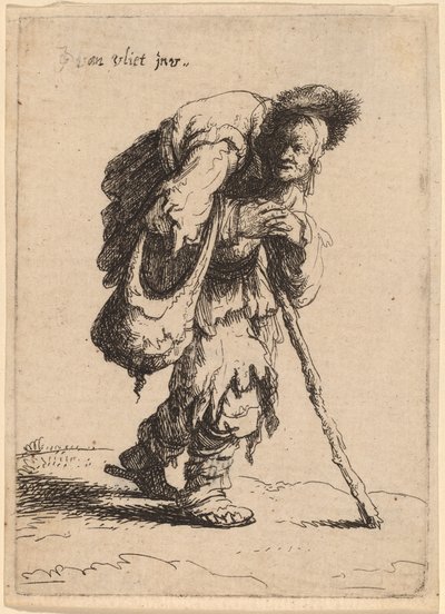 Bedelaar draagt een vrouw op zijn rug door Johannes van Vliet