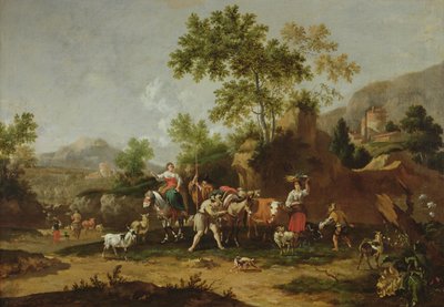 Italiaans landschap met figuren en dieren door Johannes van der Bent