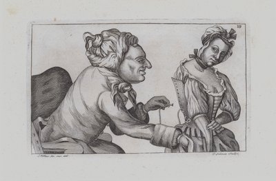 Man naait meisje in korset (gravure) door John  Collier
