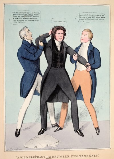 "Een Wilde Olifant Geleid Tussen Twee Tamme", uitgegeven 1830 door John  Doyle