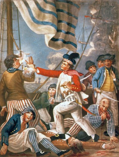 John Paul Jones schiet een matroos neer die had geprobeerd zijn kleuren te strijken tijdens een gevecht, uitgegeven door Carrington Bowles door John (after) Collet