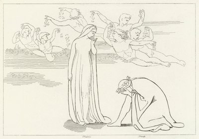 De Afdaling van Beatrice, Louteringsberg, Canto 30 (gravure) door John (after) Flaxman