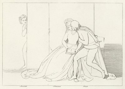 De Geliefden Verrast, Inferno, Canto 5 (gravure) door John (after) Flaxman