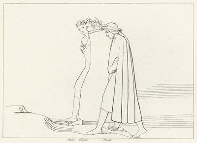 De Ontmoeting met Statius, Louteringsberg, Canto 21 (gravure) door John (after) Flaxman
