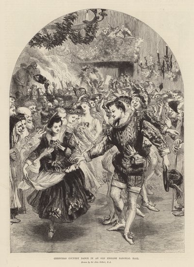 Kerstlandelijke dans in een oude Engelse baroniale hal (gravure) door John (after) Gilbert