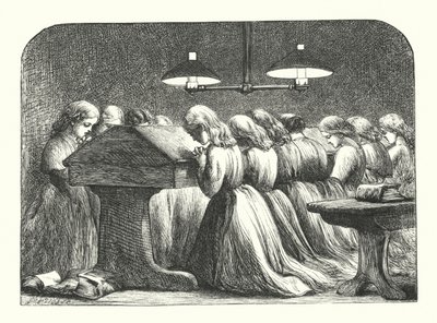 Avondgebed op een meisjesschool (gravure) door John (after) Gilbert