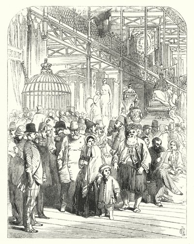 Exposanten en bezoekers in het Crystal Palace, Hyde Park, Londen, locatie van de Grote Tentoonstelling van 1851 (gravure) door John (after) Gilbert