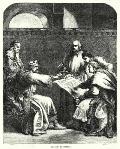 Koning Jan weigert de Magna Charta te ondertekenen in Oxford, in 1215 door John (after) Gilbert