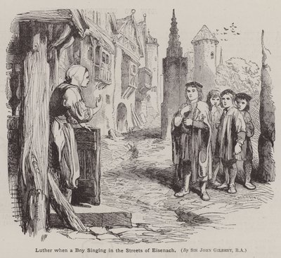 Maarten Luther als jongen zingend in de straten van Eisenach door John (after) Gilbert