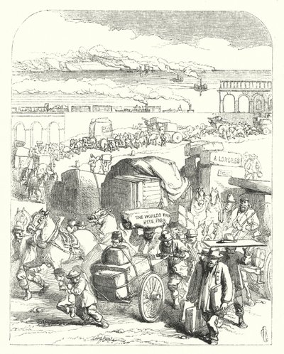 Schepen en treinen brengen bezoekers naar de Grote Tentoonstelling van 1851, Crystal Palace, Hyde Park, Londen (gravure) door John (after) Gilbert