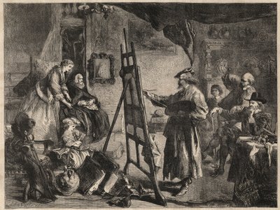 Het atelier van Rembrandt - gravure naar schilderij van J. Gilbert - l