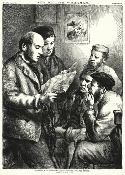 Werkende Mannen bespreken "Vrije Zondagen voor het Volk" (gravure) door John (after) Gilbert