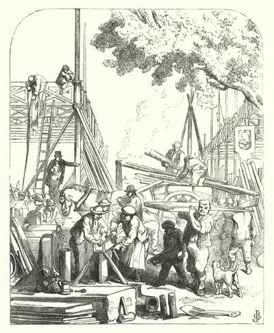 Arbeiders op de bouwplaats van het Crystal Palace, Hyde Park, Londen, locatie van de Grote Tentoonstelling van 1851 door John (after) Gilbert