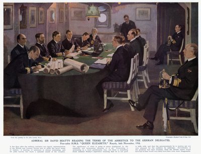 Admiraal Sir David Beatty leest de voorwaarden van de wapenstilstand voor aan de Duitse afgevaardigden, voorhut HMS Queen Elizabeth, Rosyth door John (after) Lavery