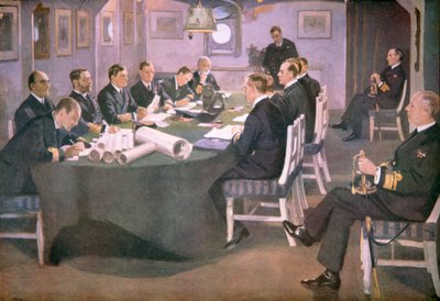 Admiraal Sir David Beatty leest de voorwaarden van de wapenstilstand voor aan de Duitse afgevaardigden aan boord van HMS Queen Elizabeth in Rosyth door John (after) Lavery