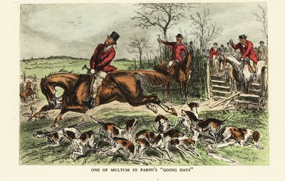 Een paard rent door een poort tijdens een vossenjacht door John (after) Leech