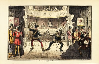 Acteurs die Hendrik Tudor spelen vechten tegen koning Richard III van Engeland op het toneel in een theater door John (after) Leech