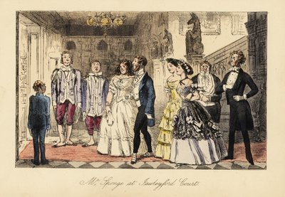 Engelse heren en dames aangekondigd voor het diner in een groot huis door John (after) Leech