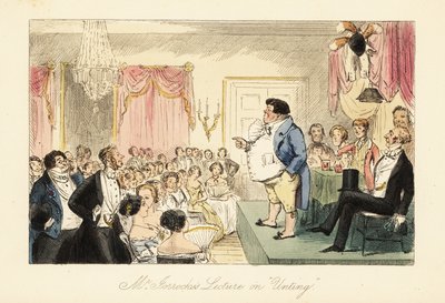 Engelse kruidenier geeft een lezing over jagen in een grote kamer in de Dragon taverne door John (after) Leech