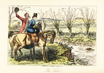Engelse jager en dame kijken naar een vos die een rivier overzwemt door John (after) Leech