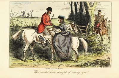 Heer op een oude knol en dame op een pony ontmoeten elkaar tijdens een vossenjacht door John (after) Leech