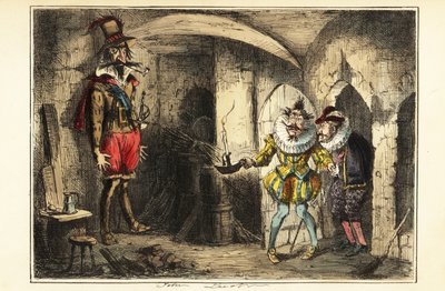 Guy Fawkes, leider van het Buskruitverraad, betrapt in de kelder van het Parlement, 5 november 1604 door John (after) Leech