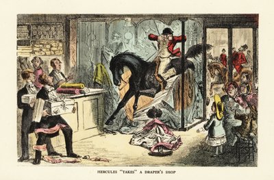 Paard en dronken jager crashen door een winkelruit door John (after) Leech