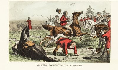 Jager verliest de controle over zijn paard tijdens een vossenjacht door John (after) Leech