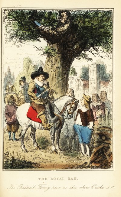 Koning Karel II verstopt zich in een eik in Boscobel Wood, na de Slag bij Worcester door John (after) Leech