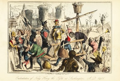 Koning Hendrik V van Engeland aan boord van de Trinity in Southampton door John (after) Leech