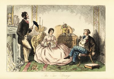 Dame in crinolinen jurk met twee herenbezoekers in een salon door John (after) Leech