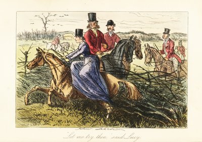 Dame rijdt zijzadel op een paard vast in een hek tijdens een vossenjacht door John (after) Leech