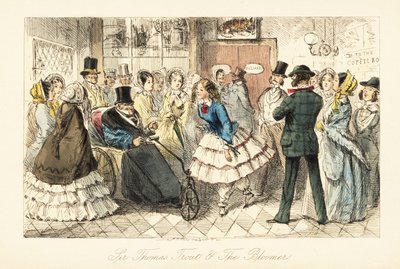 Oude heer met jicht in een invalidenstoel praat met een jonge vrouw in bloomers door John (after) Leech