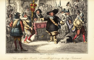 Oliver Cromwell verwijdert de knots uit de Kamer van het Lagerhuis en ontbindt het Rump Parliament in 1653 door John (after) Leech